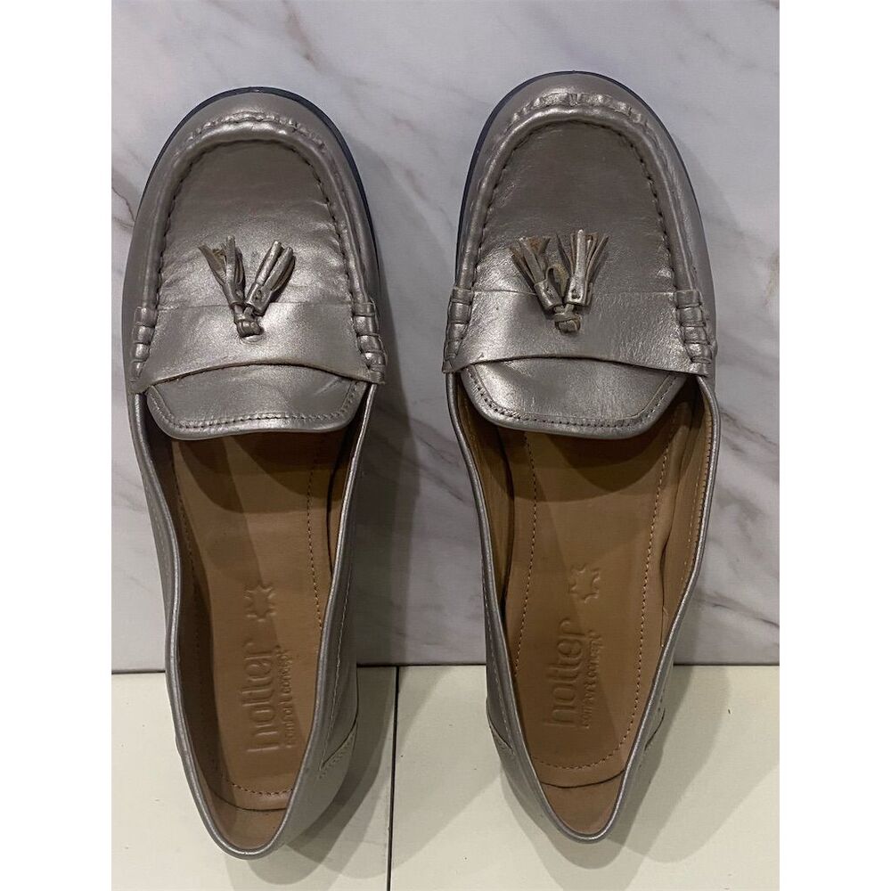 Hotter Women's Tassel Loafers Size 9  Silver Leather Slip-On Flats Casual